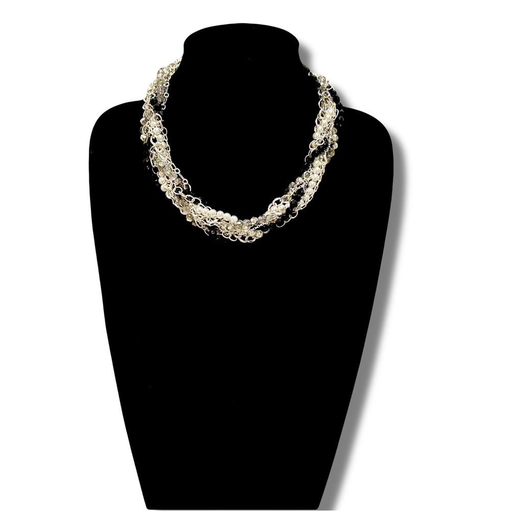 WHBM Multi-Strand Twisted Pearl, Black Bead & Crystal Collar Necklace | NEW $68
